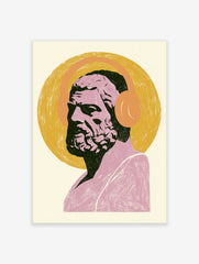 Classical bust of Socrates wearing orange over-ear headphones on a yellow circular background art print