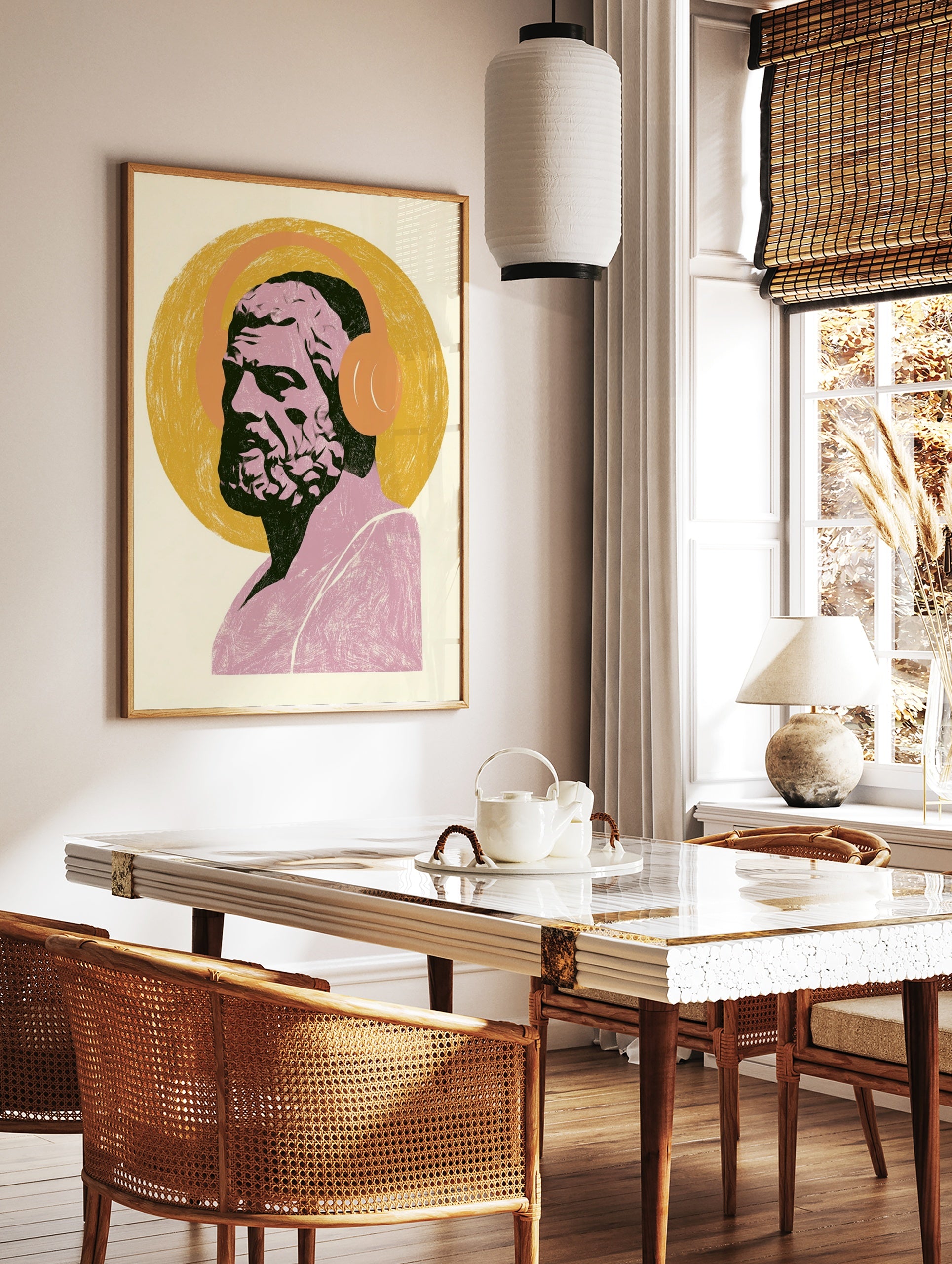 Classical bust of Socrates wearing orange over-ear headphones on a yellow circular background art, in a styled room mockup