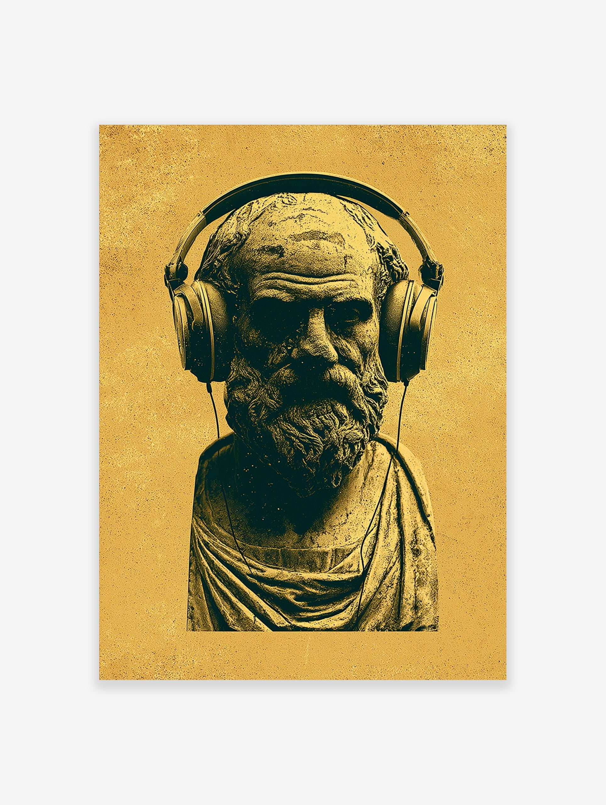 Classical bust of Socrates wearing modern headphones in a mustard and dark yellow monochromatic style