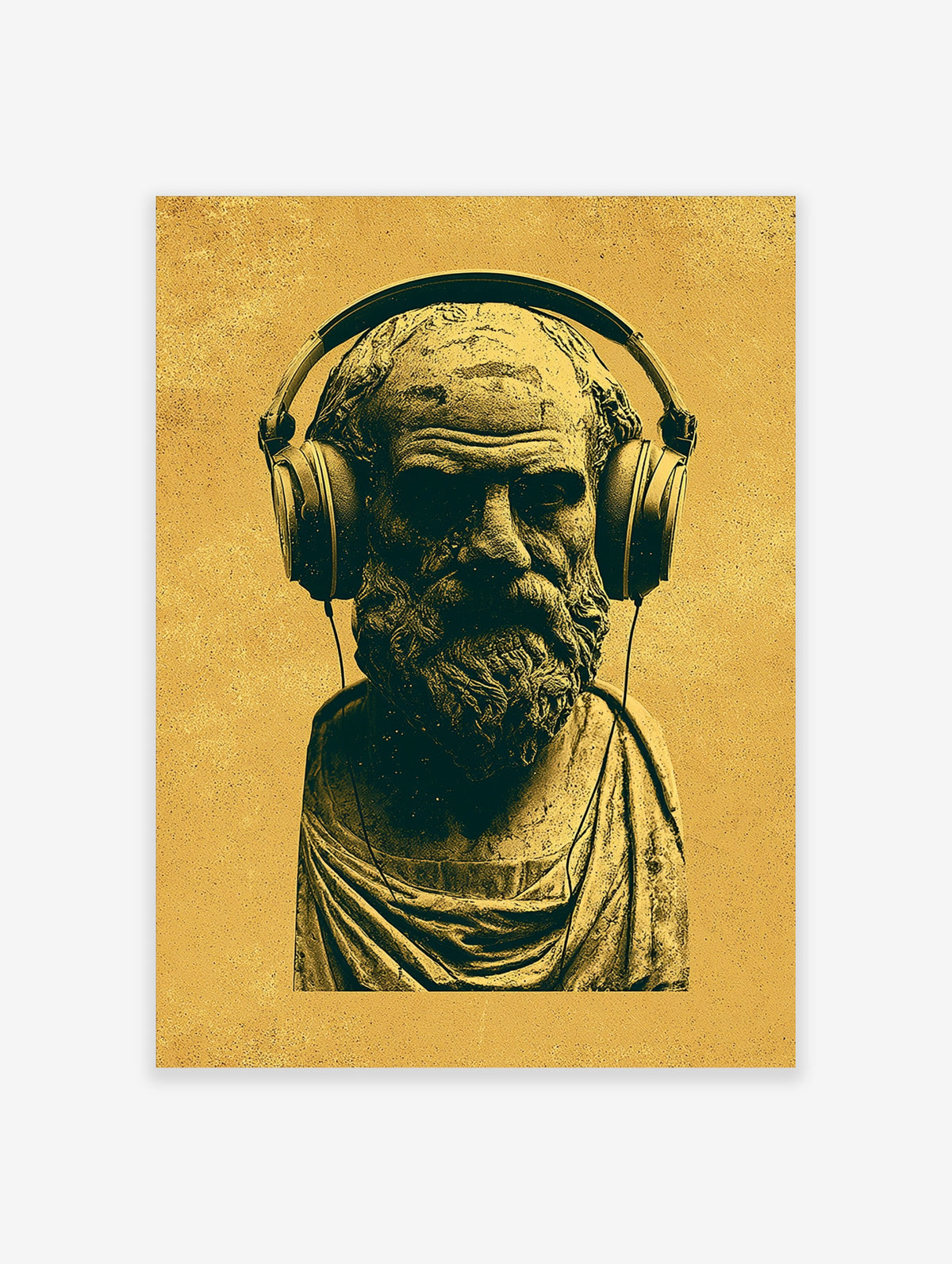 Classical bust of Socrates wearing modern headphones in a mustard and dark yellow monochromatic style