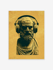 Classical bust of Socrates wearing modern headphones in a mustard and dark yellow monochromatic style