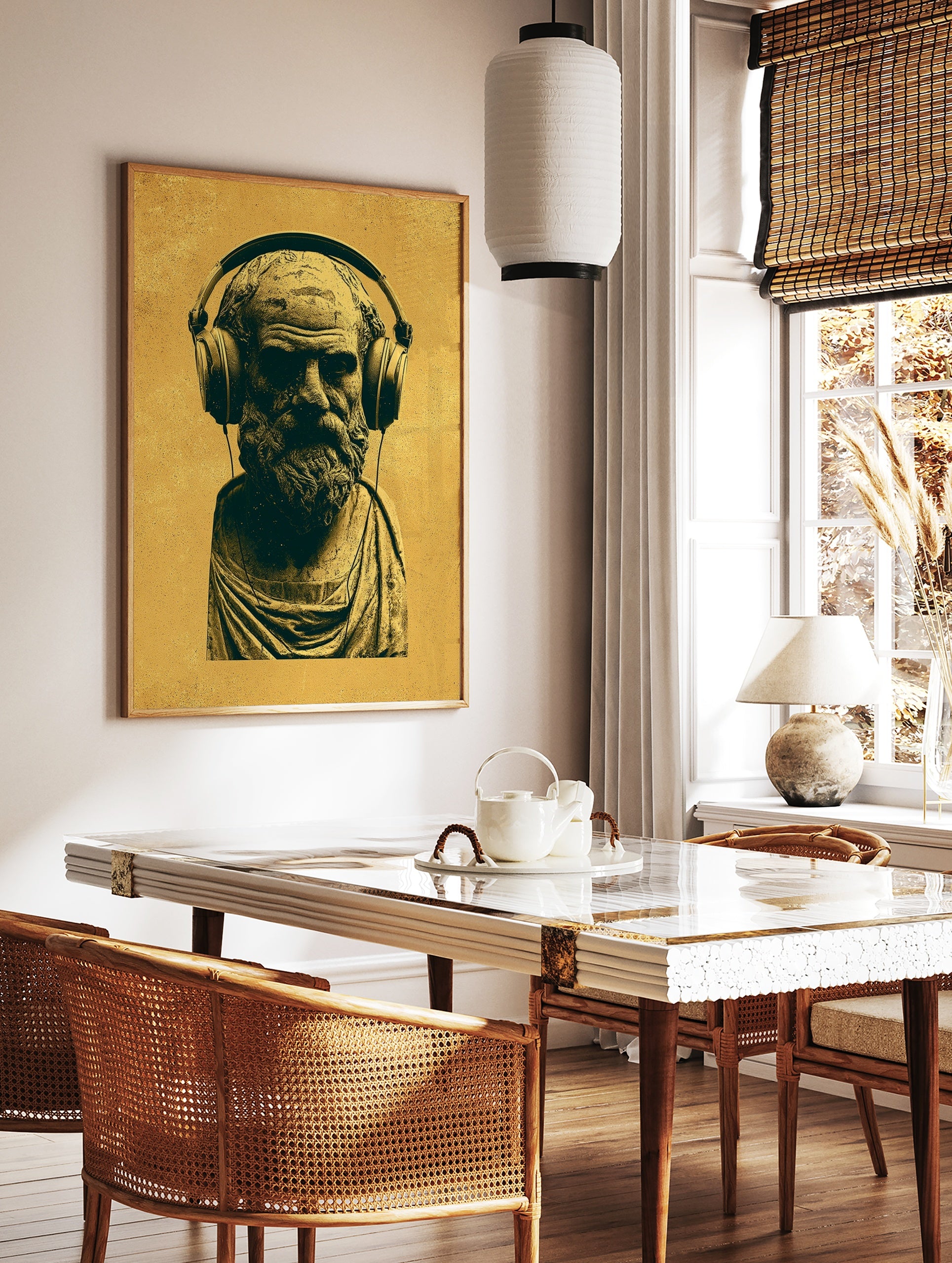 Classical bust of Socrates wearing modern headphones in a mustard and dark yellow monochromatic, in a styled room mockup