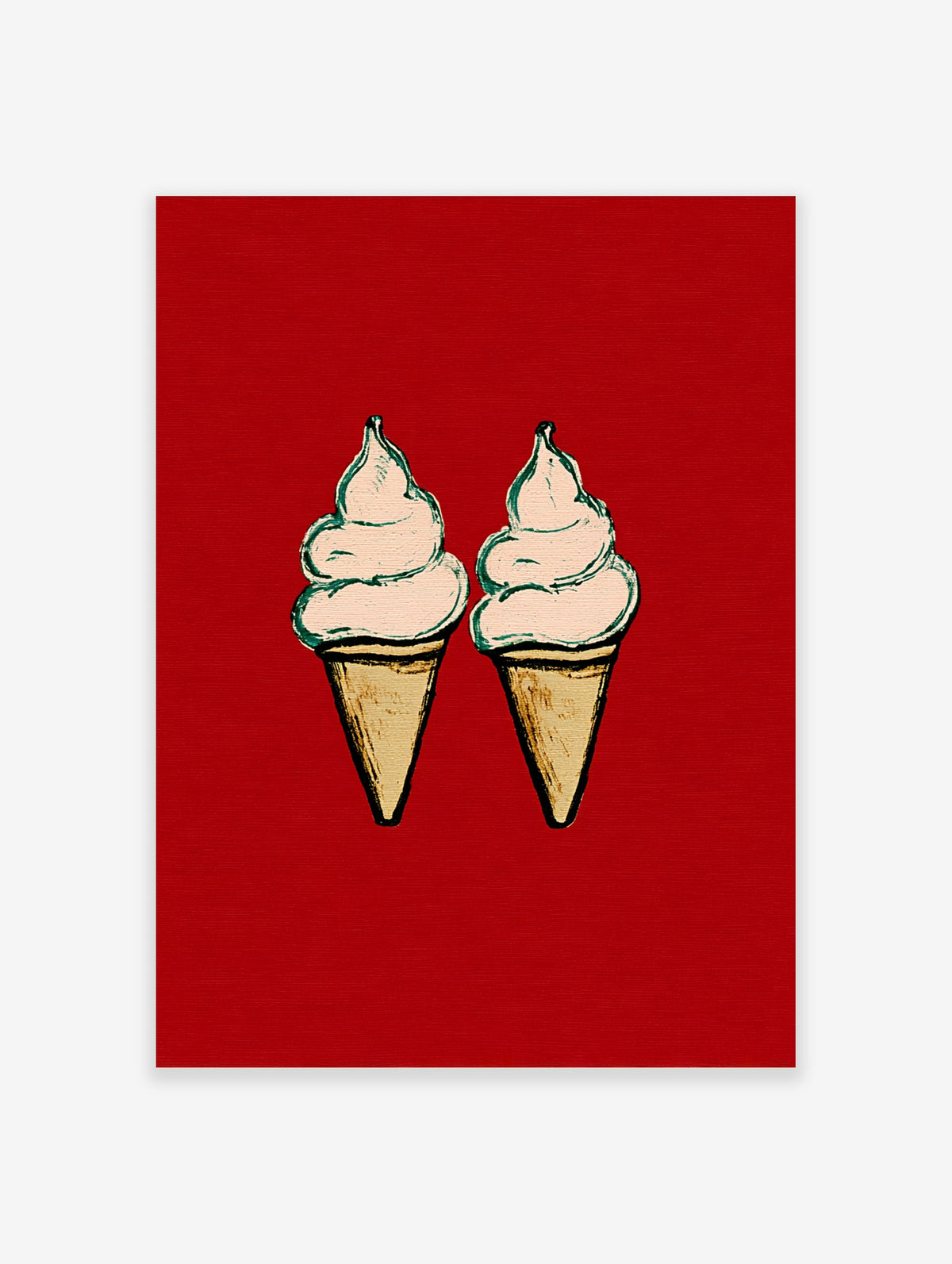 Two soft serve ice cream cones with pink swirls and teal outlines on a red background art print