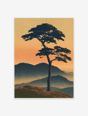Japanese-style landscape print of a solitary pine tree on a ridge against misty mountains and an orange sunset sky