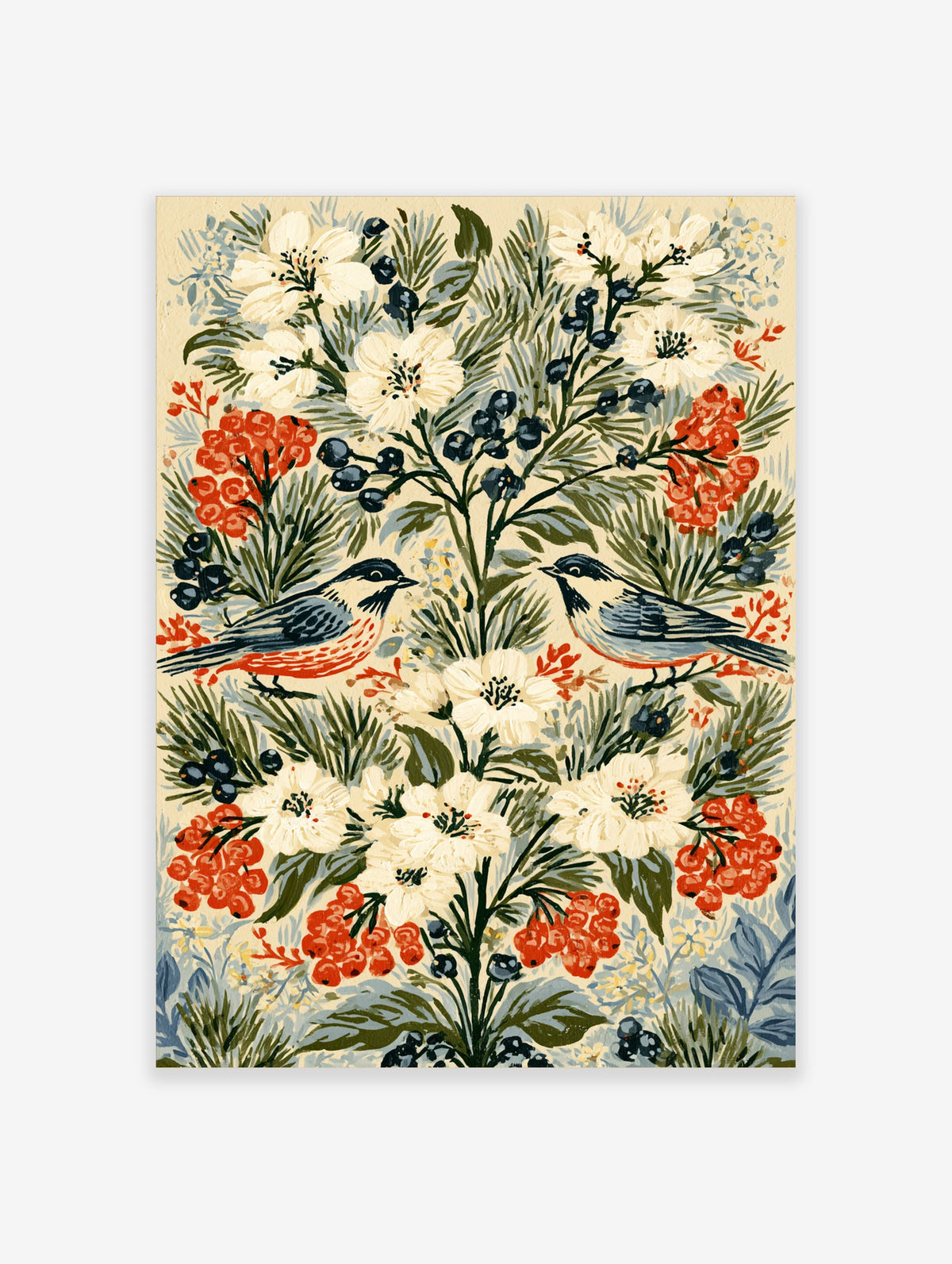 Vintage botanical art print of two songbirds among white flowers, red berries, and dark blue fruit on cream