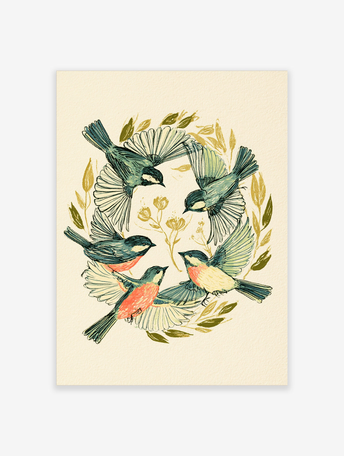 Songbird wreath art print with five blue and peach birds flying among gold leaves on cream background