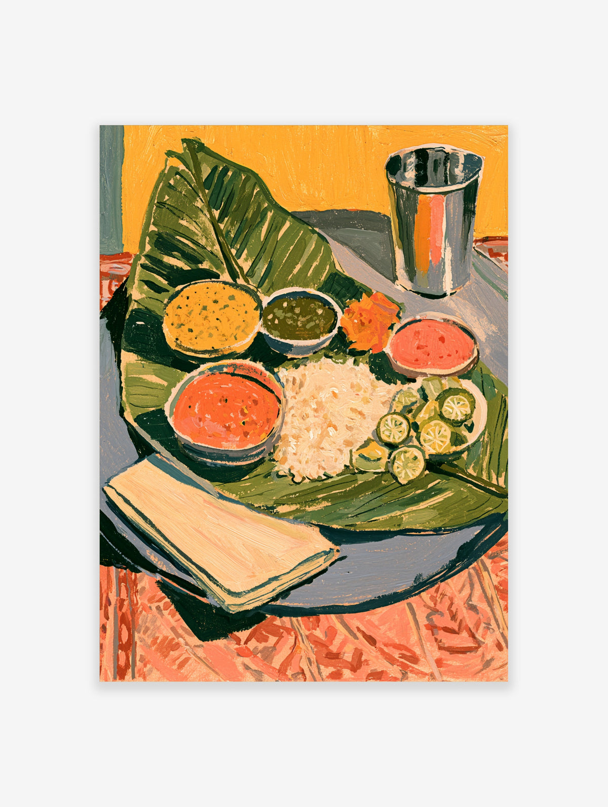 South Indian thali food poster with rice, curries, lime wedges and steel tumbler on a banana leaf