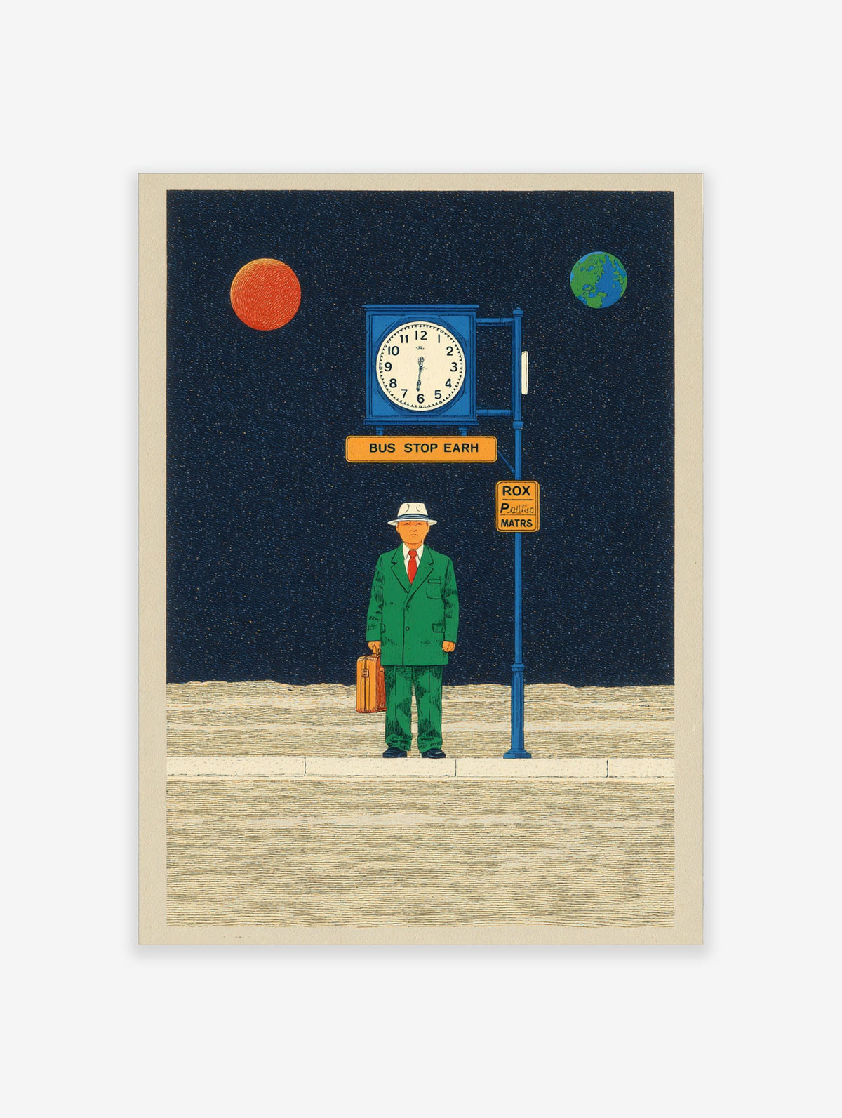 Surreal illustrative print of a man in green suit at a bus stop in space with planets and clock