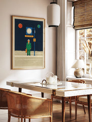Surreal illustrative print of a man in green suit at a bus stop in space with planets and clock, in a styled room mockup