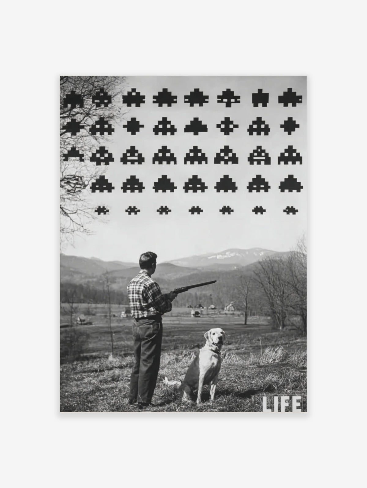 Monochrome print of a man with a shotgun and dog looking at pixelated Space Invaders in a rural landscape