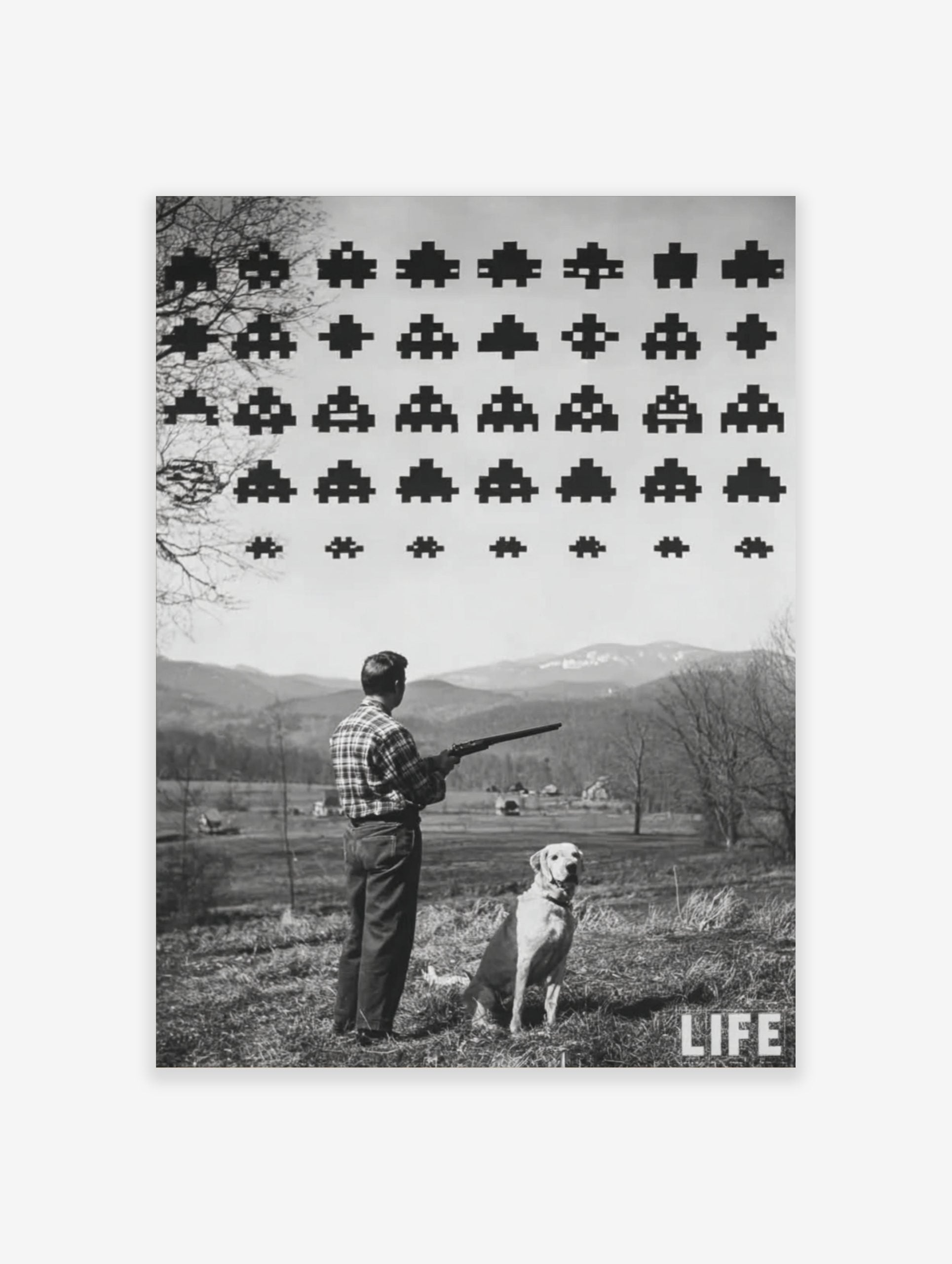 Monochrome print of man with shotgun and dog looking at pixelated Space Invaders in sky over rural landscape
