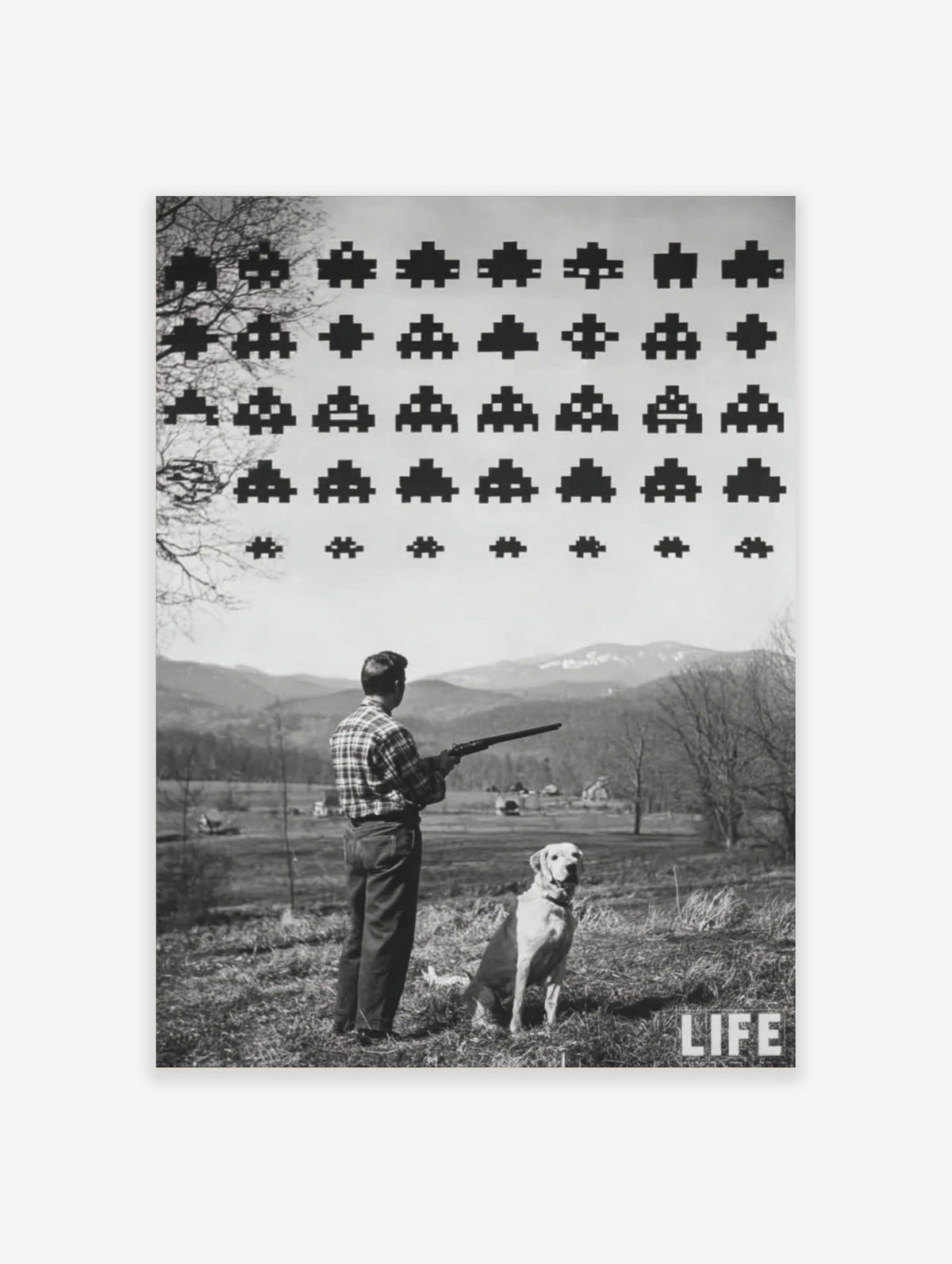 Monochrome print of man with shotgun and dog looking at pixelated Space Invaders in sky over rural landscape