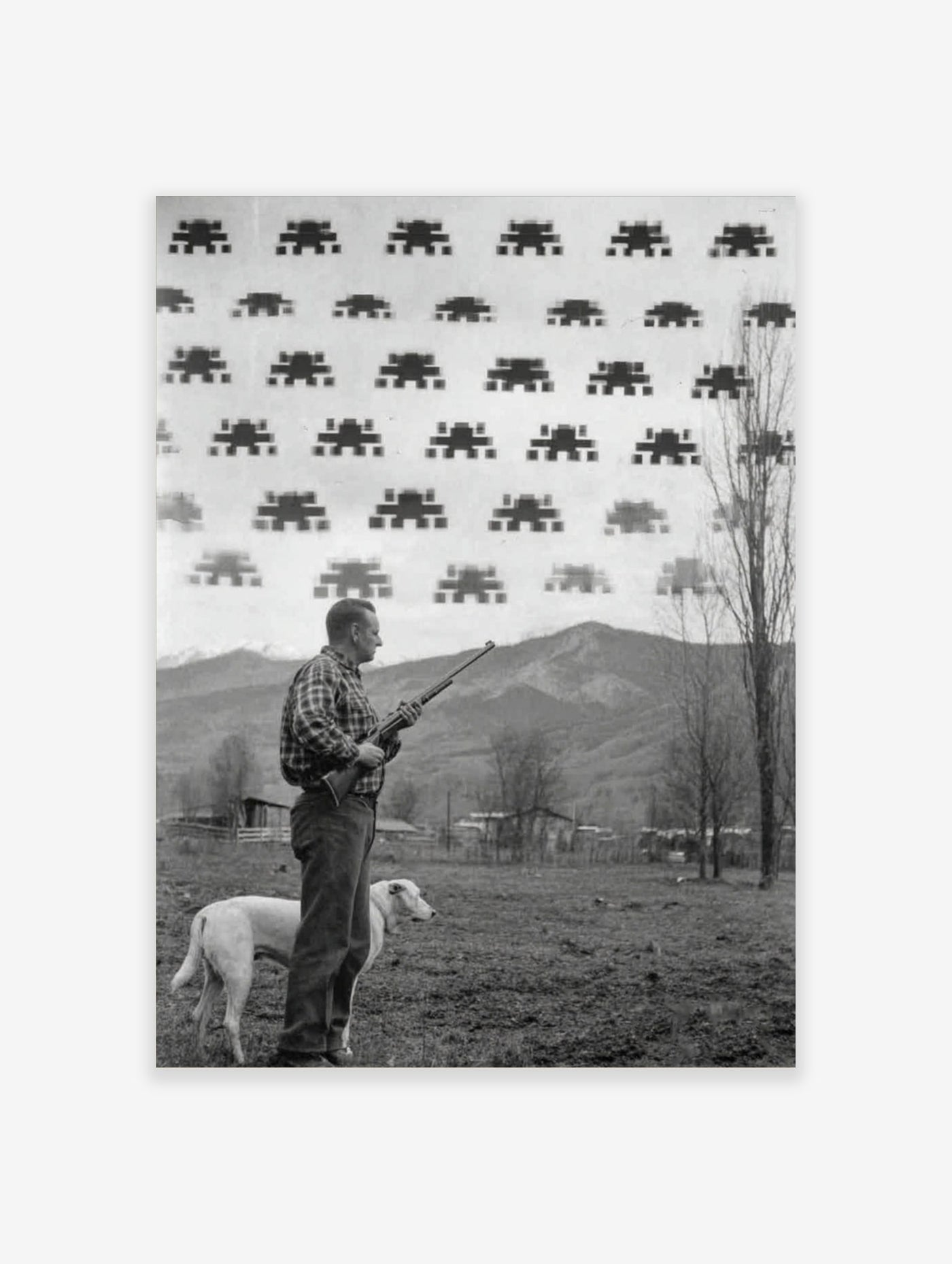 Monochrome print of pixelated Space Invaders aliens over a man with a rifle and his dog in a rural landscape