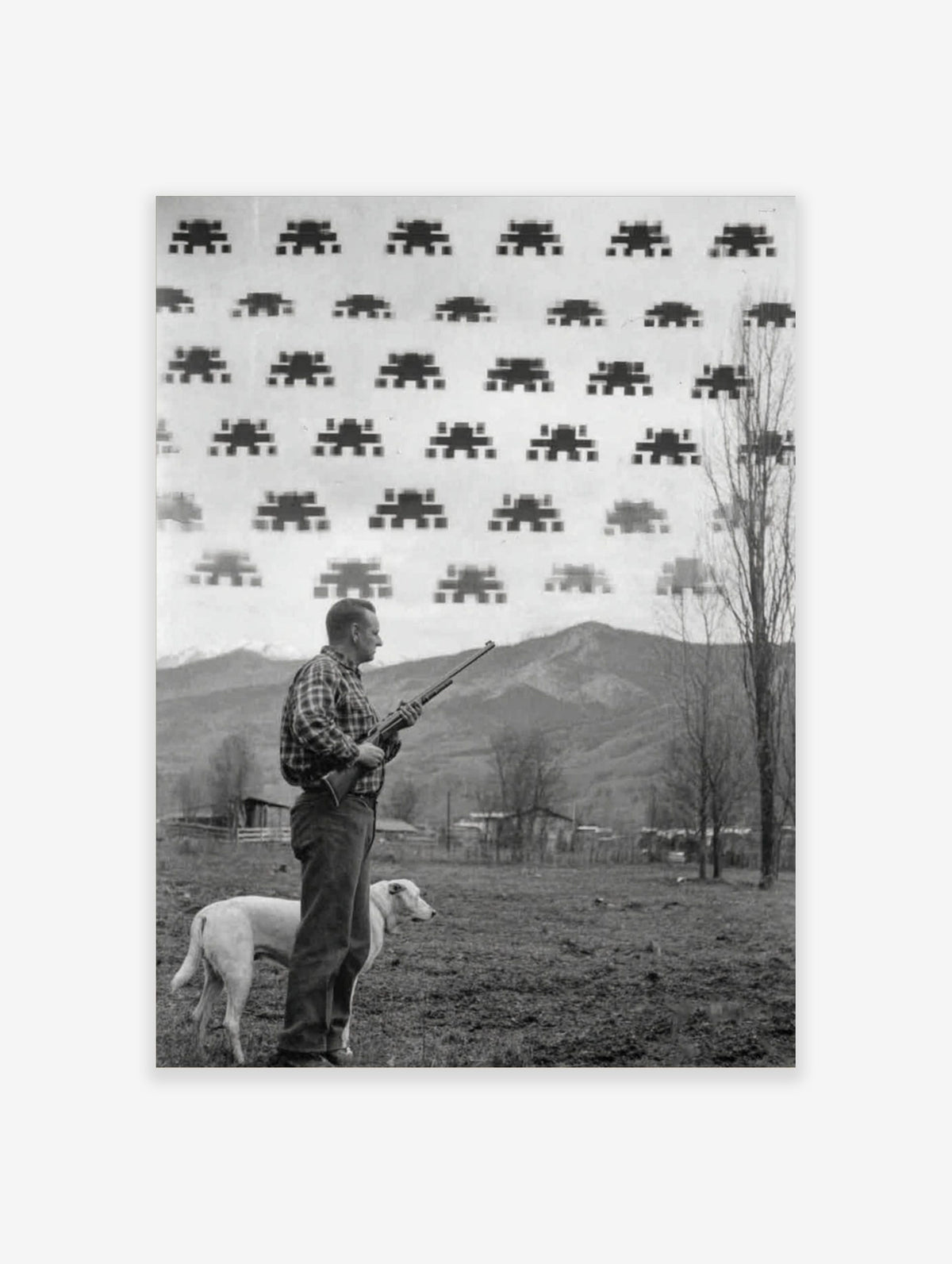 Monochrome print of a man with a rifle and dog looking at pixelated Space Invaders in the sky