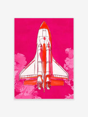 Illustrative Space Shuttle rocket in white and orange against a vibrant pink sky with pink clouds
