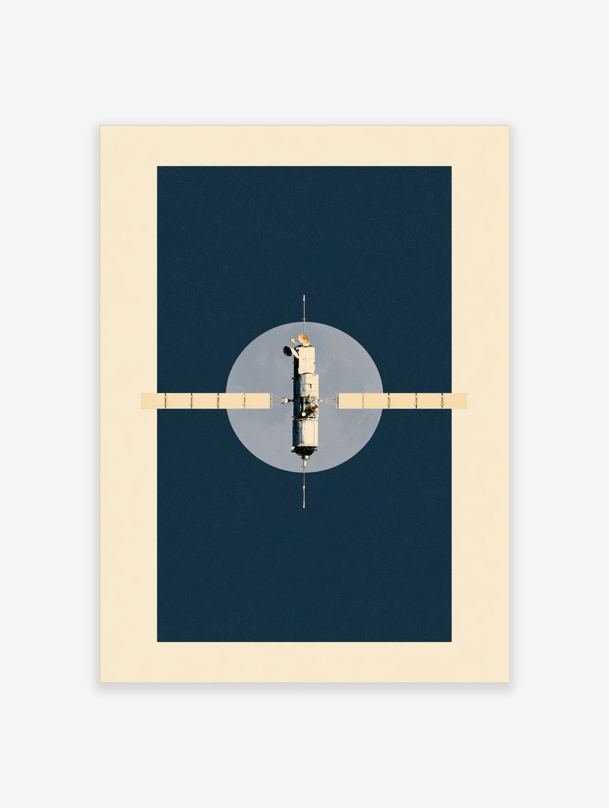 Space station print with solar panels and a lunar disc on a navy background