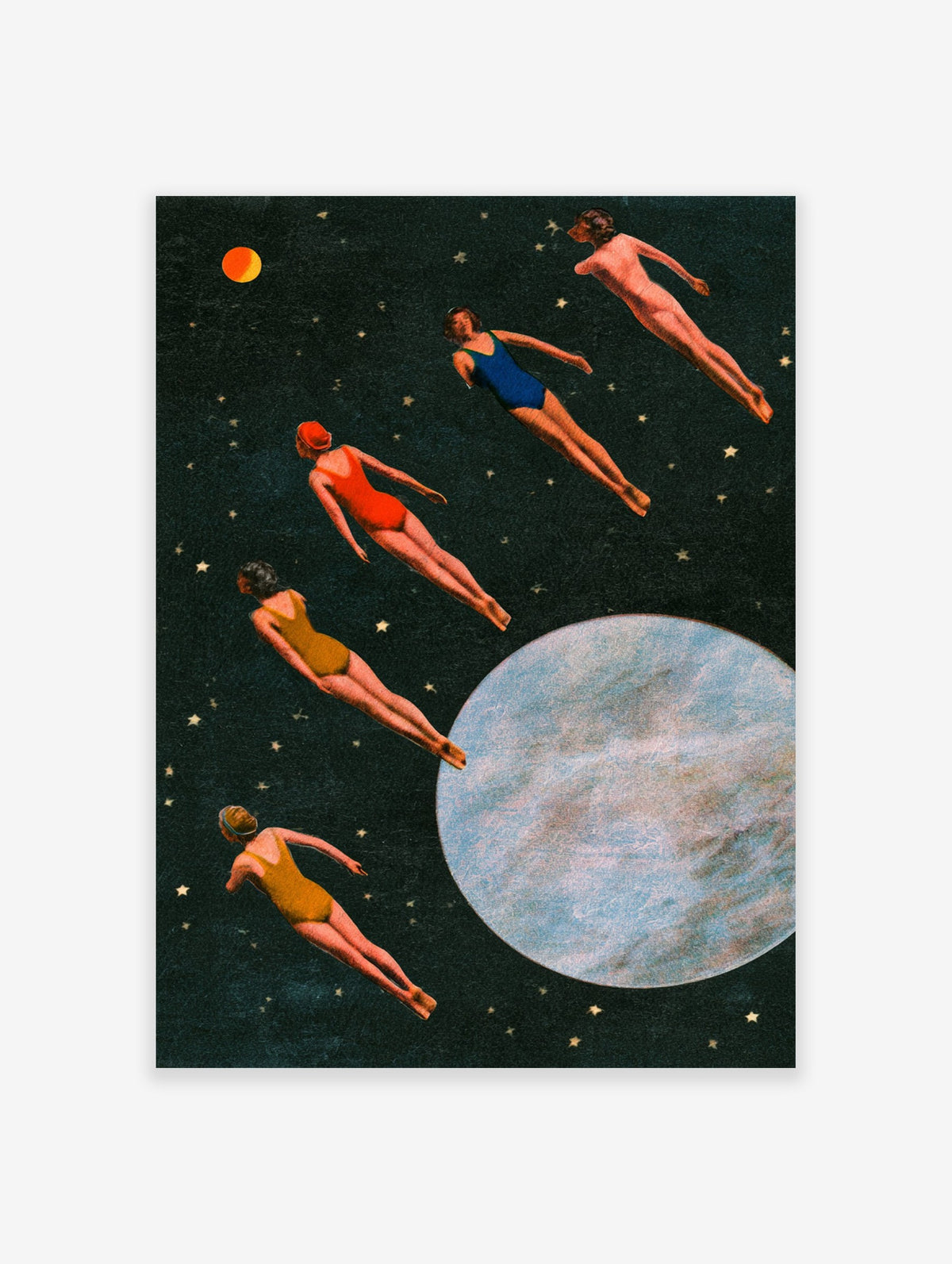 Surreal space swimmers poster showing figures in colourful swimsuits floating past a blue planet in a starry cosmic sky