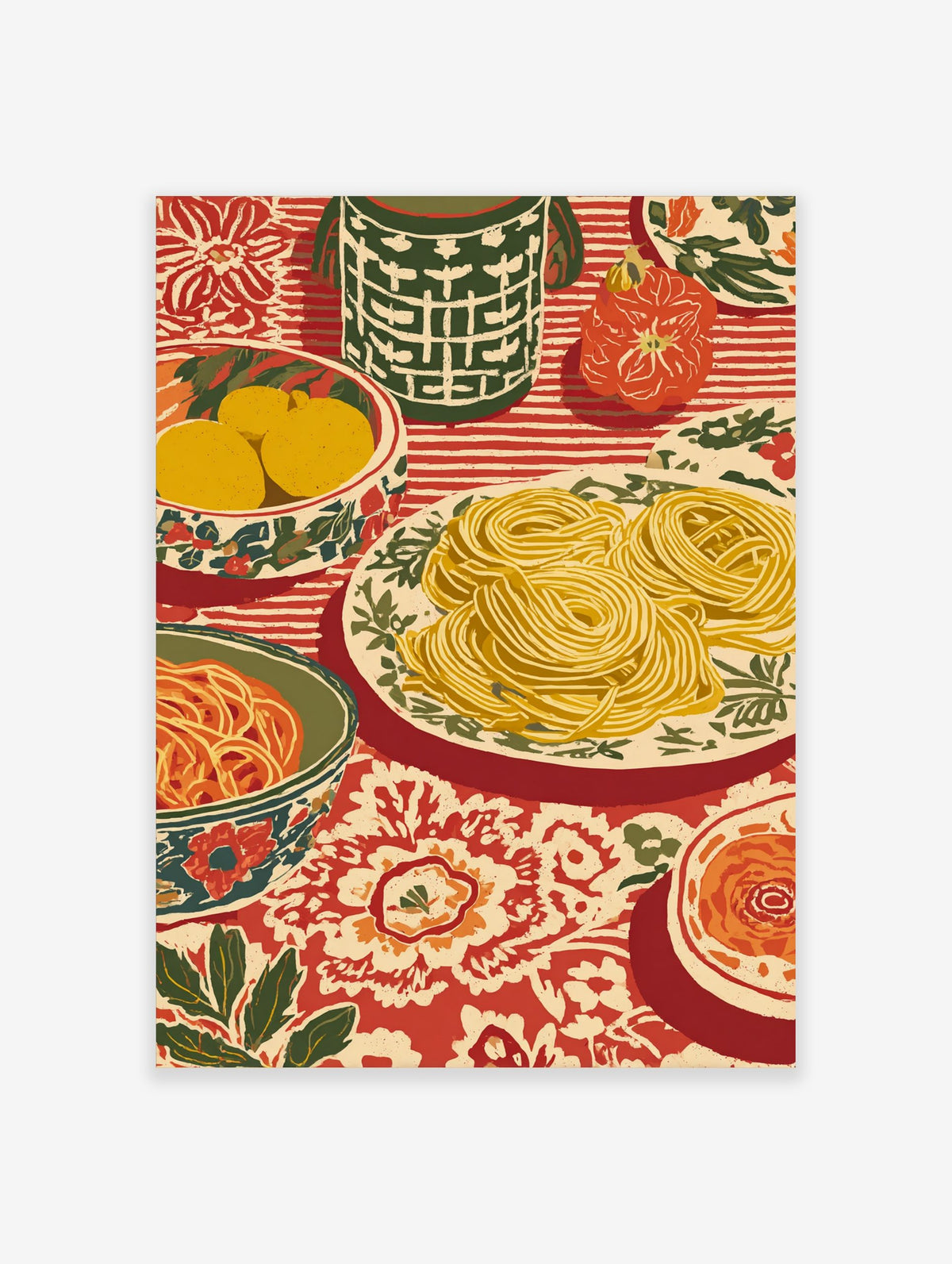 Spaghetti dinner still life art print with pasta, lemons, pumpkin on striped and floral red tablecloth