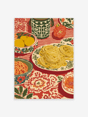 Spaghetti dinner still life art print with pasta, lemons, pumpkin on striped and floral red tablecloth
