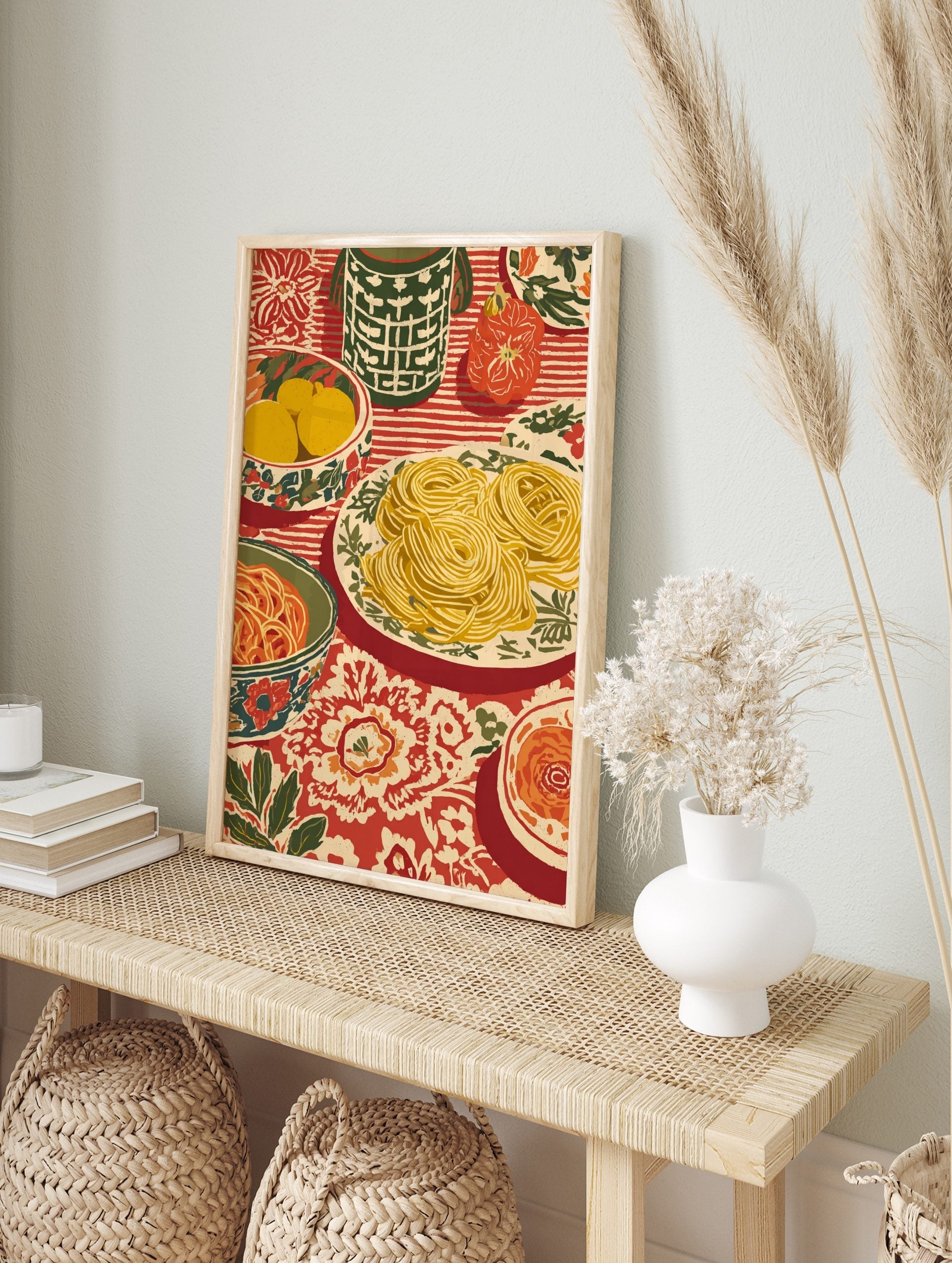 Spaghetti dinner still life art print with pasta, lemons, pumpkin on striped and floral red, in an alternate framed mockup