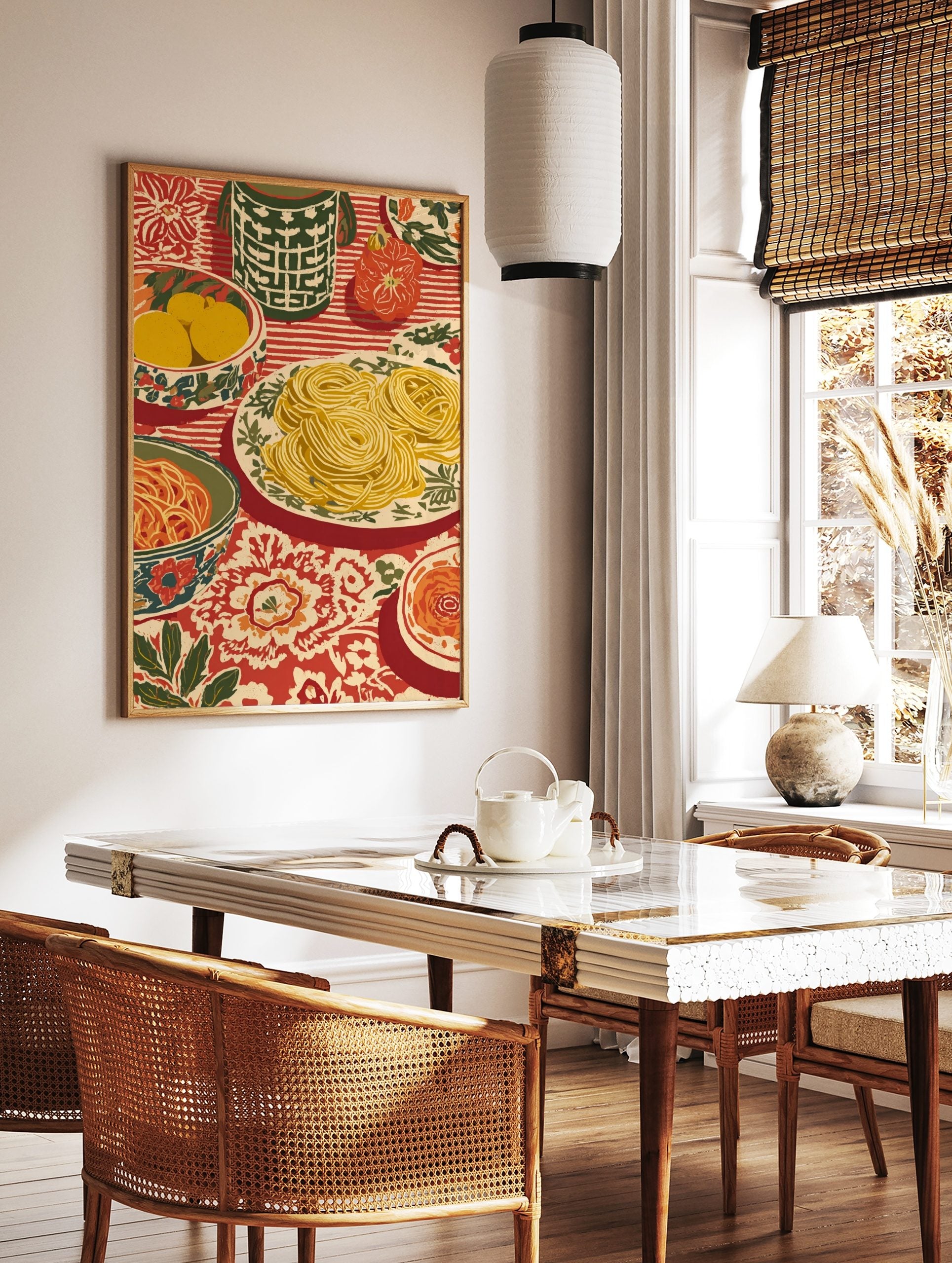 Spaghetti dinner still life art print with pasta, lemons, pumpkin on striped and floral red, in a styled room mockup