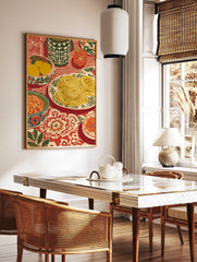 Spaghetti dinner still life art print with pasta, lemons, pumpkin on striped and floral red, in a styled room mockup