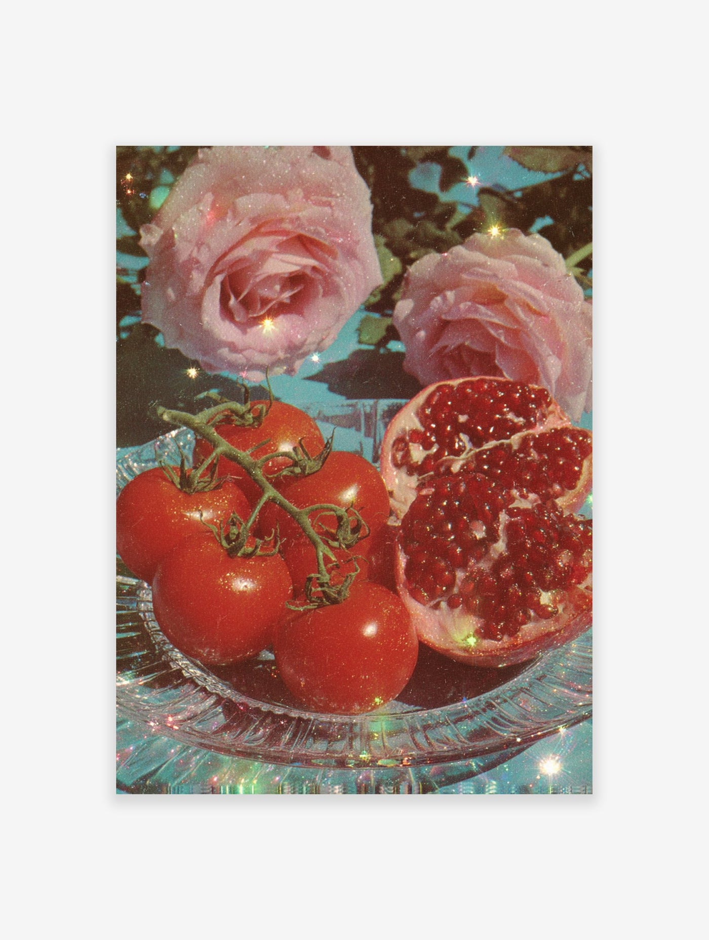 A vibrant still life poster featuring red tomatoes, a cut pomegranate, and pink roses on a sparkly glass plate, with a blue background.