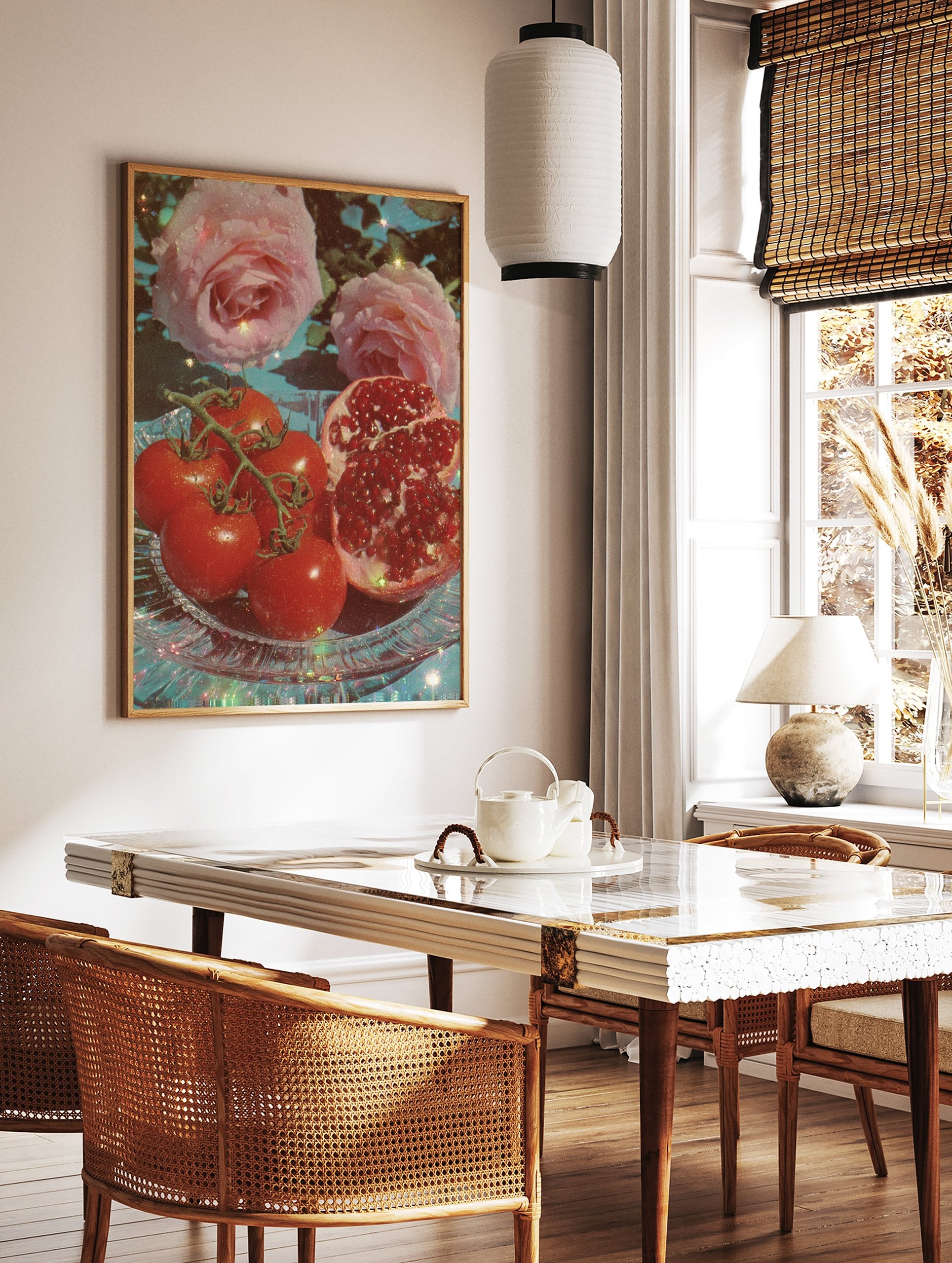 A vibrant still life poster featuring red tomatoes, a cut pomegranate, and pink roses on a sparkly glass plate, with a blue background. - Image 2