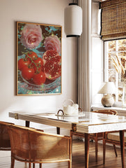 A vibrant still life poster featuring red tomatoes, a cut pomegranate, and pink roses on a sparkly glass plate, with a blue background. - Image 2