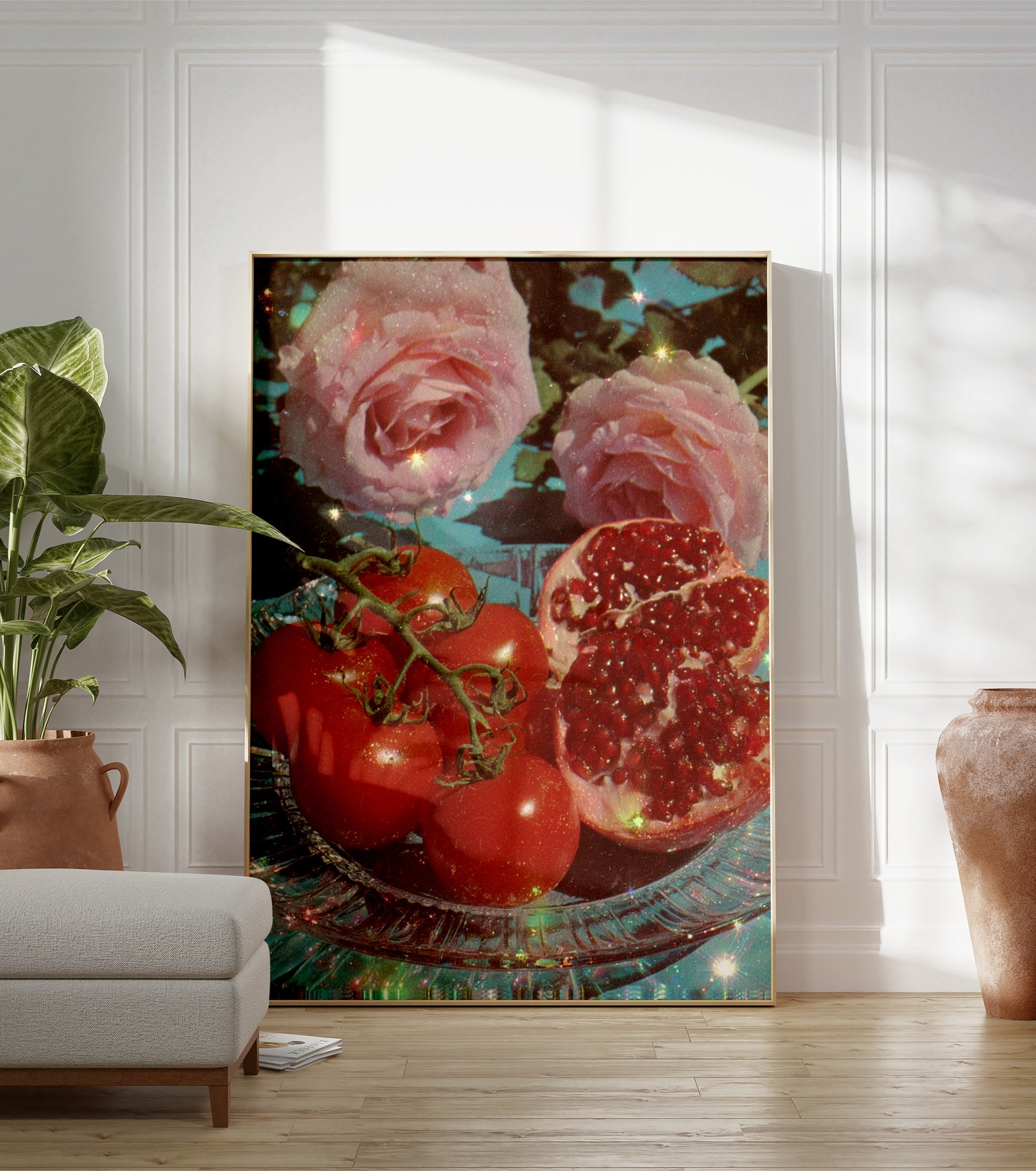 A vibrant still life poster featuring red tomatoes, a cut pomegranate, and pink roses on a sparkly glass plate, with a blue background. - Image 3