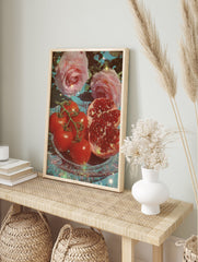 A vibrant still life poster featuring red tomatoes, a cut pomegranate, and pink roses on a sparkly glass plate, with a blue background. - Image 4