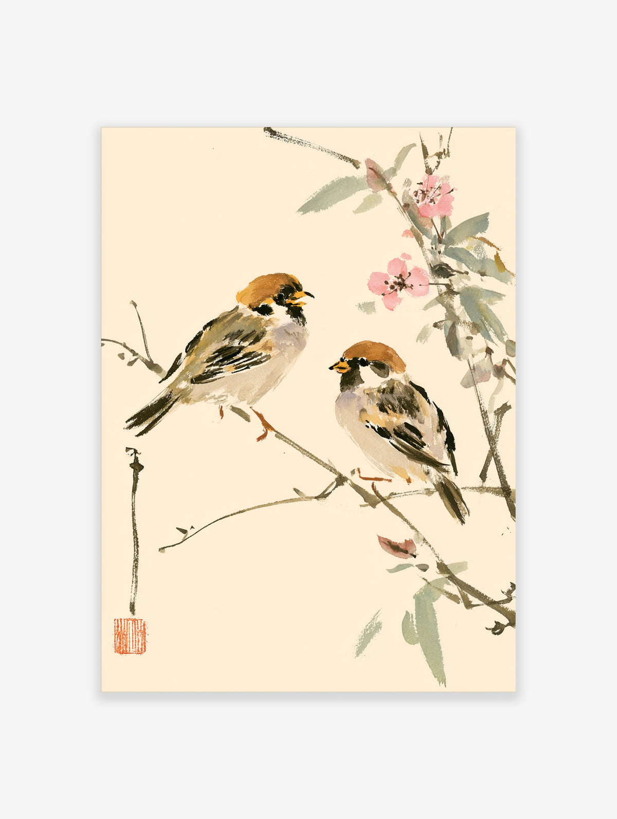 Two sparrows on a branch with pink blossoms in Japanese ink wash style art print