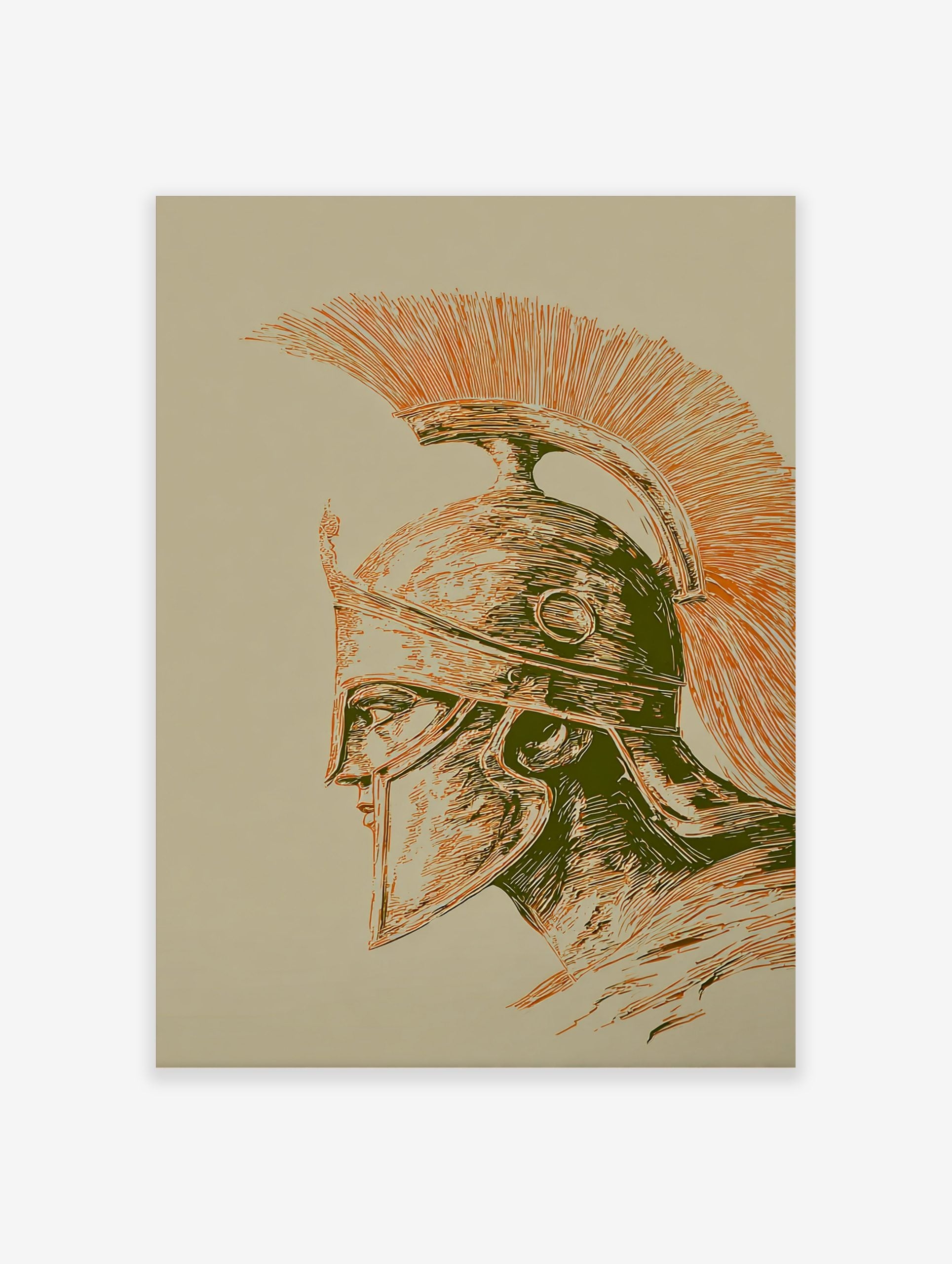 Illustrative Spartan helmet in profile, with an orange crest and green details on a light background
