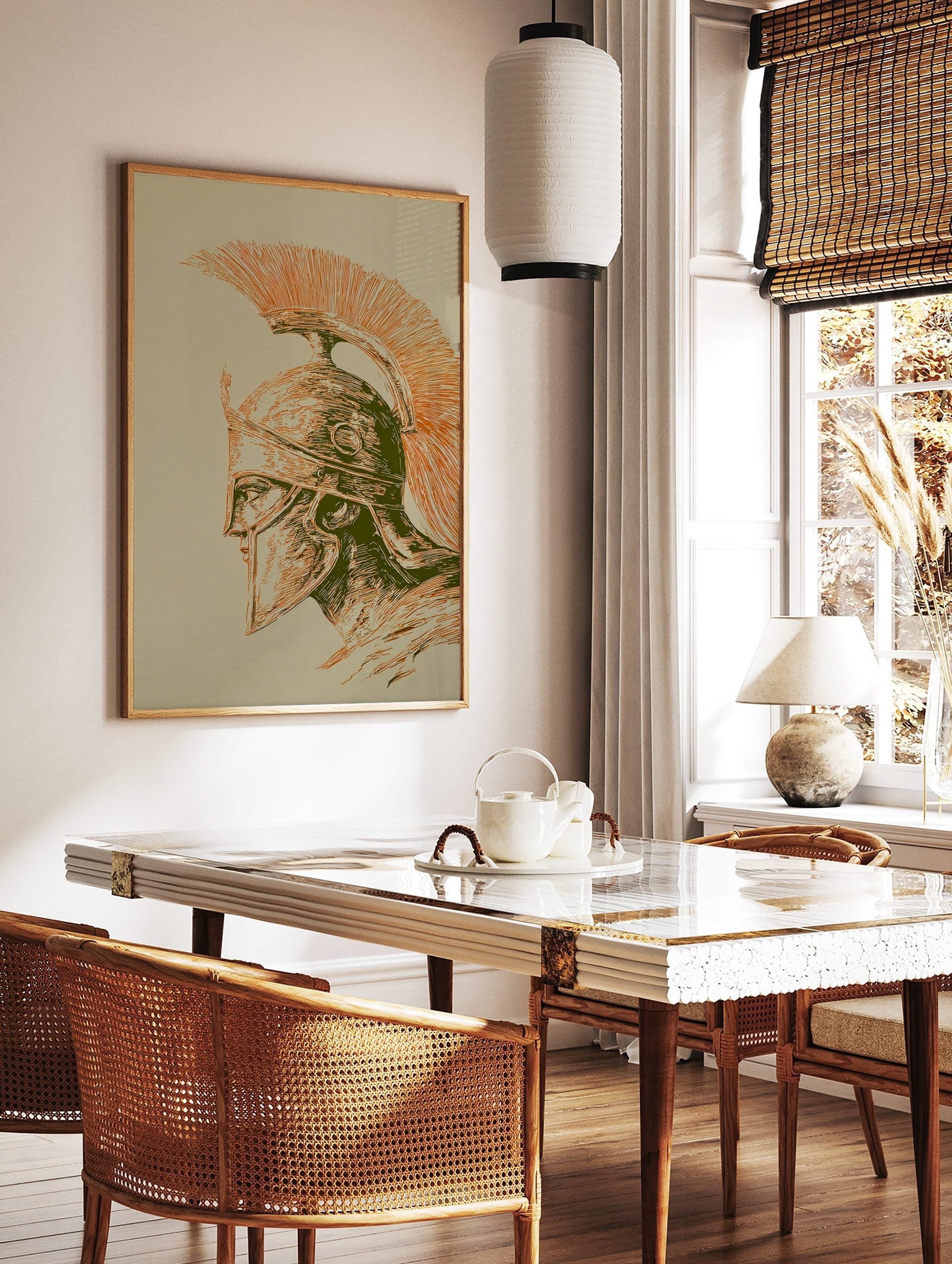 Illustrative Spartan helmet in profile, with an orange crest and green details on a light background, in a styled room mockup