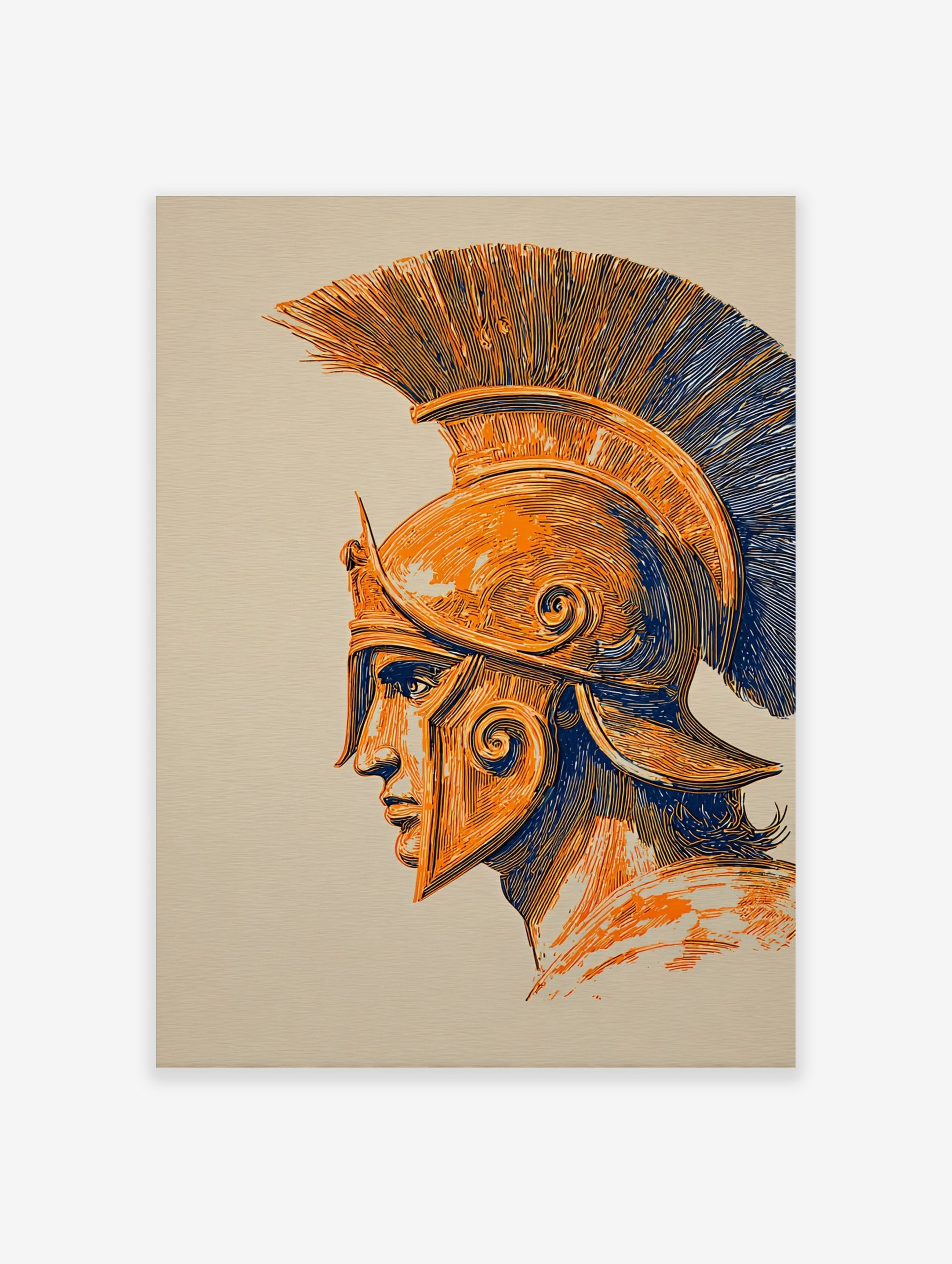 Illustrative Spartan helmet in profile, orange and blue lines on a light background, crest visible