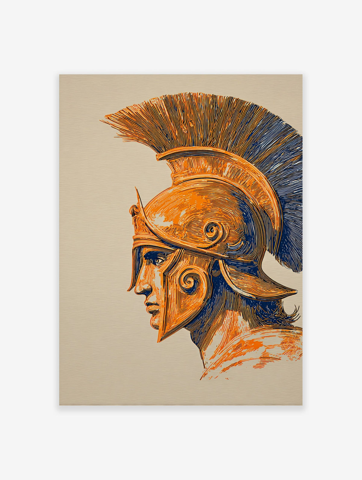 Illustrative Spartan helmet in profile, orange and blue lines on a light background, crest visible