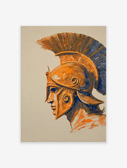 Illustrative Spartan helmet in profile, orange and blue lines on a light background, crest visible