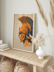 Illustrative Spartan helmet in profile, orange and blue lines on a light background, crest, in an alternate framed mockup