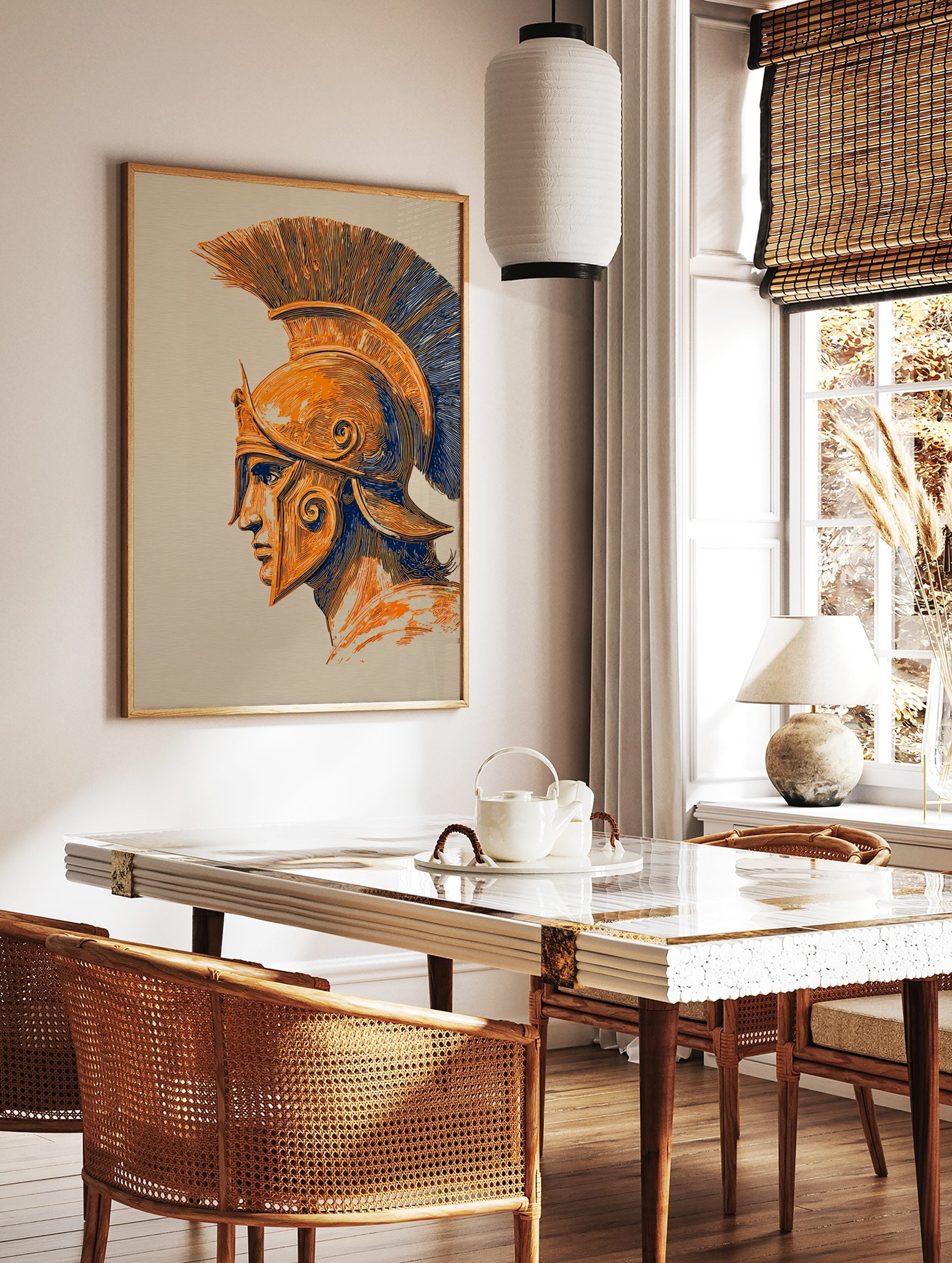 Illustrative Spartan helmet in profile, orange and blue lines on a light background, crest visible, in a styled room mockup