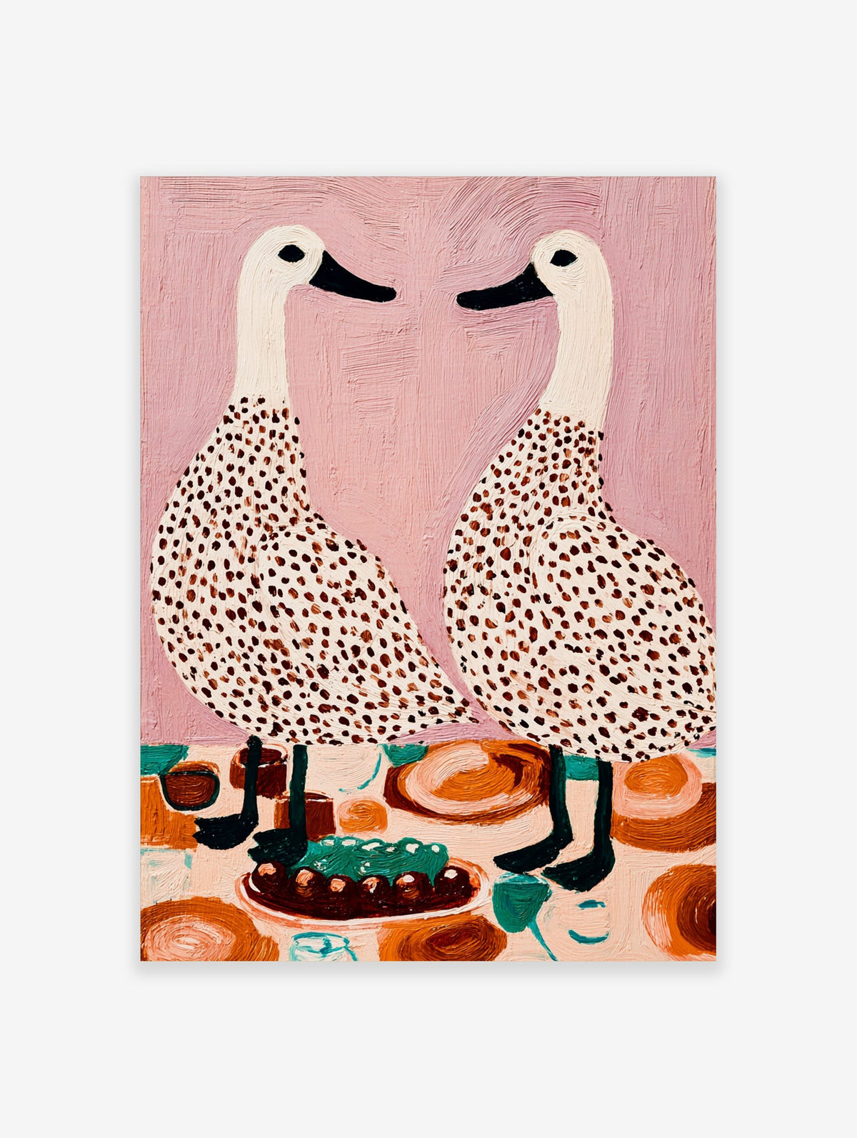 Illustrative wall art of two speckled white ducks facing each other at a dining table with a cake, on a pink background
