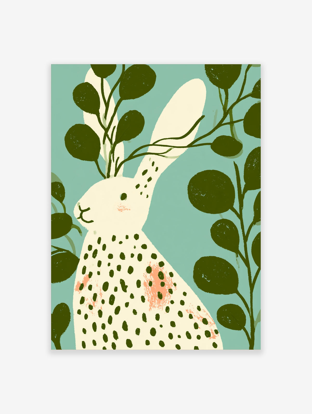 Cream hare with green spots and leafy branches on teal background, animal art print