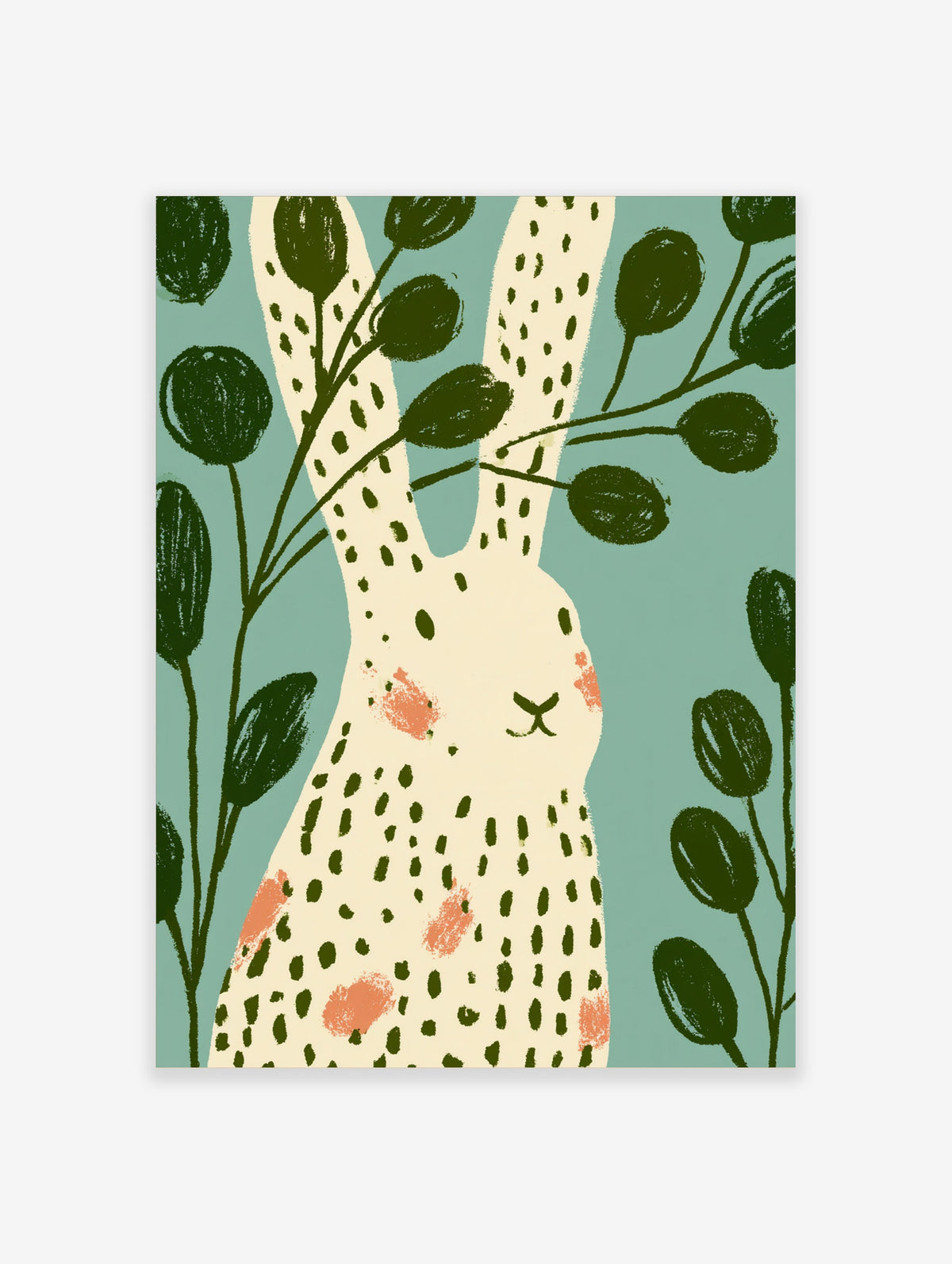 Speckled rabbit art print with green leaves on sage background