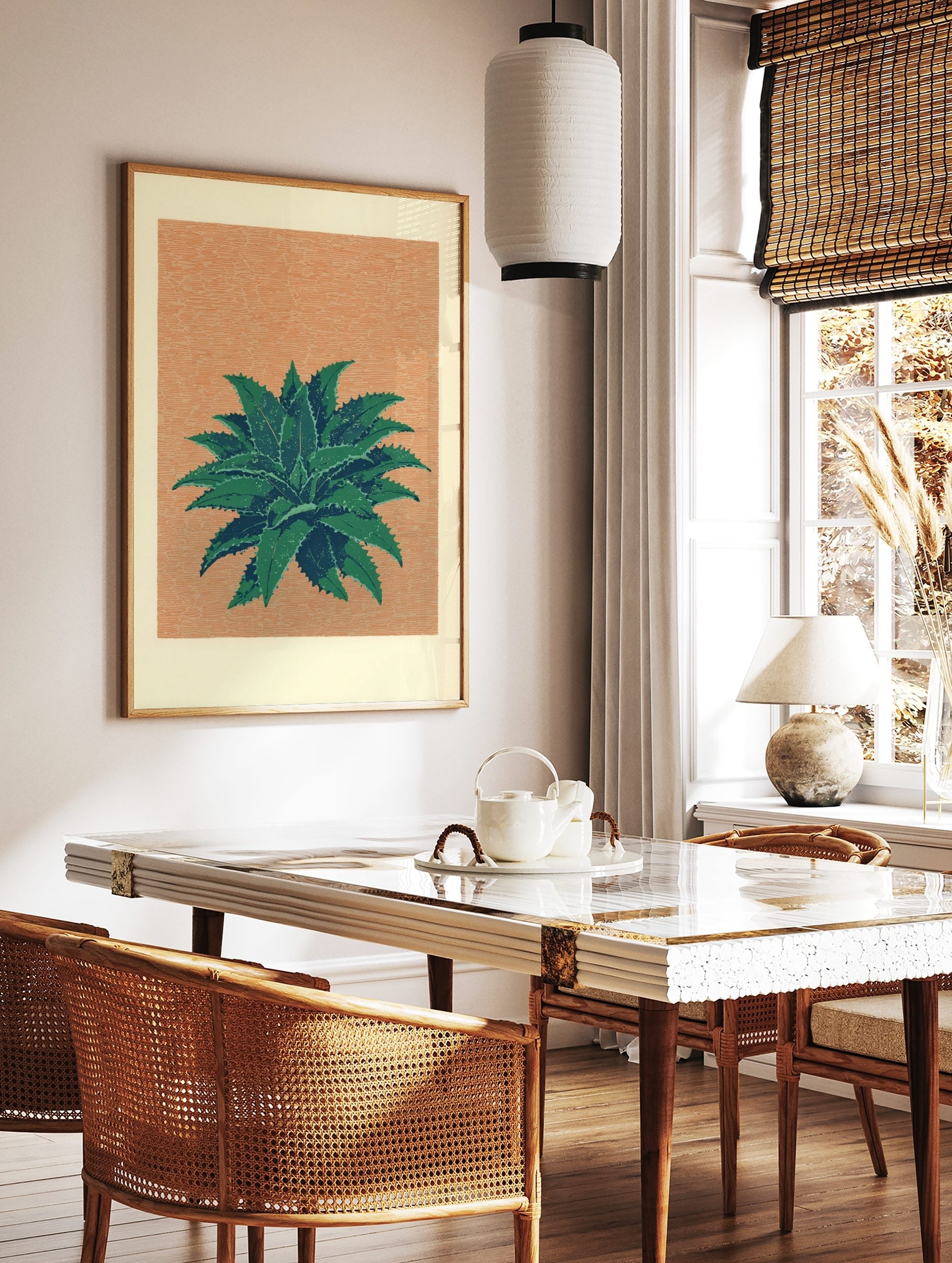 Illustrative green succulent plant with spiky leaves on a textured peach-orange background art print, in a styled room mockup