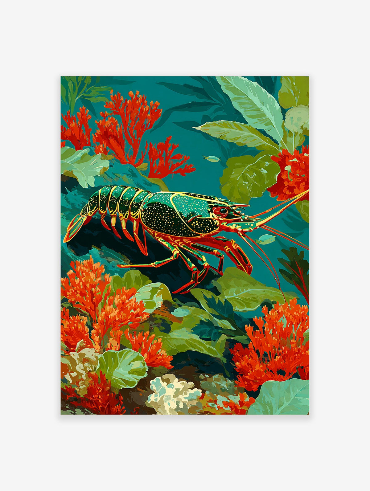 Illustrative spiny lobster with red legs and green speckled body swimming among orange coral and green seaweed in teal water