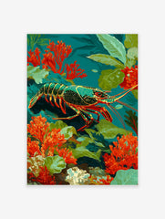 Illustrative spiny lobster with red legs and green speckled body swimming among orange coral and green seaweed in teal water