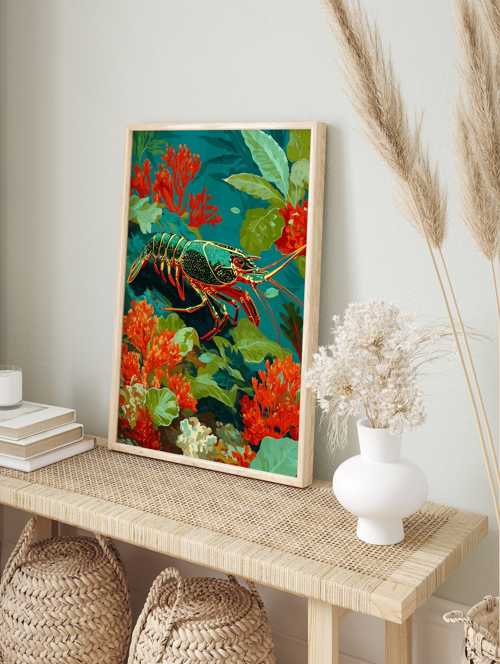 Illustrative spiny lobster with red legs and green speckled body swimming among orange coral, in an alternate framed mockup