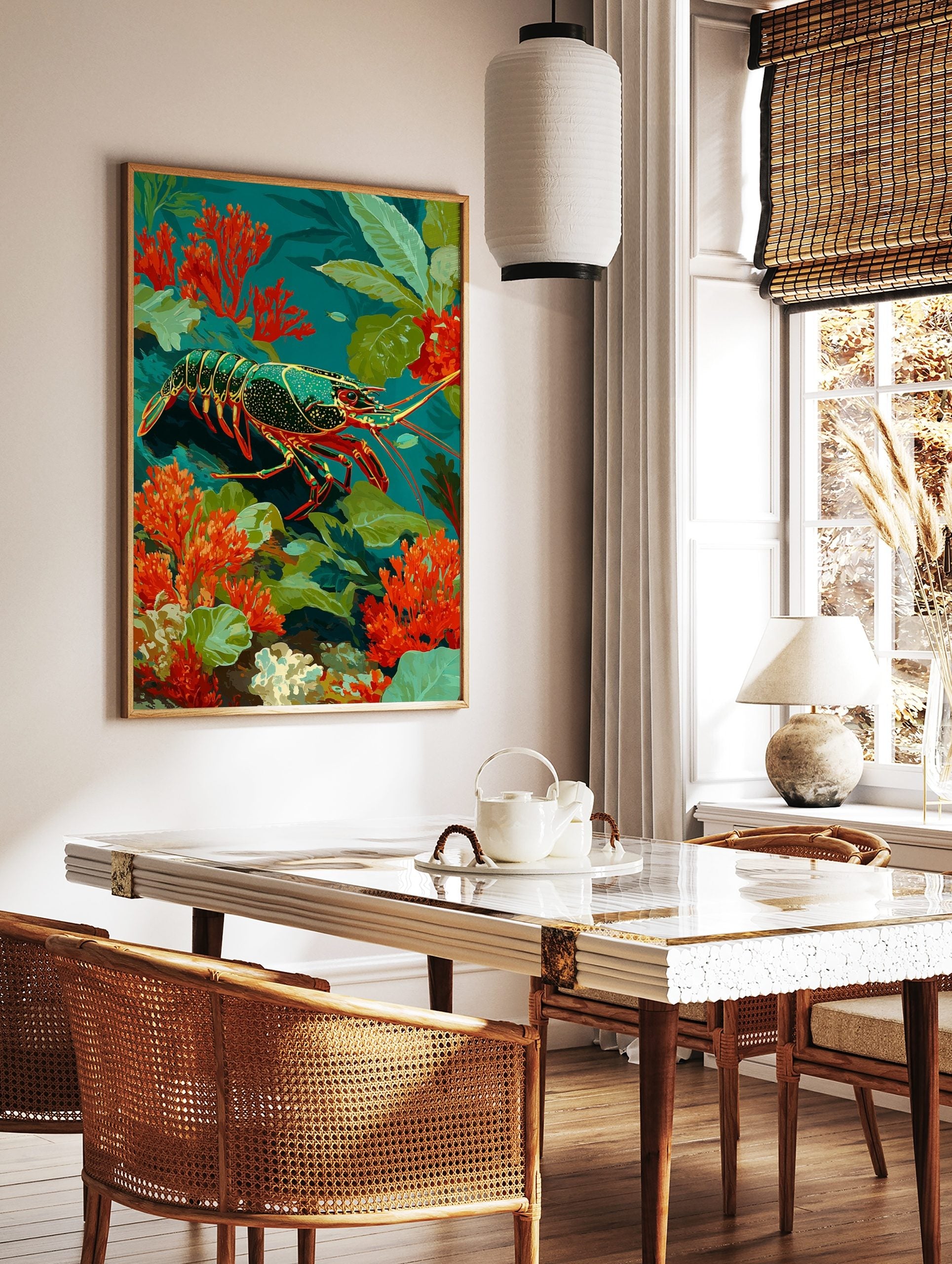 Illustrative spiny lobster with red legs and green speckled body swimming among orange coral and, in a styled room mockup