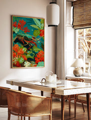 Illustrative spiny lobster with red legs and green speckled body swimming among orange coral and, in a styled room mockup