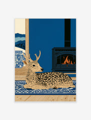 Spotted deer illustration on blue rug with fireplace and snowy mountain window view in a flat illustrative art style