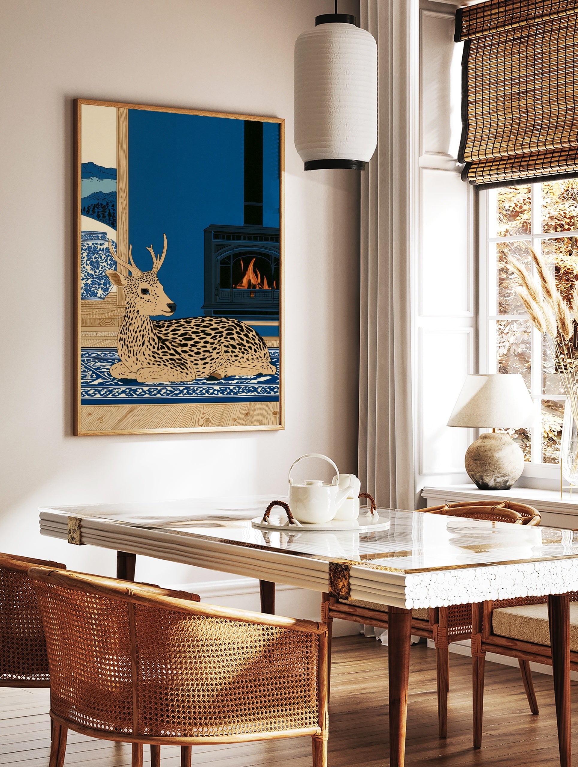 Spotted deer illustration on blue rug with fireplace and snowy mountain window view in a flat, in a styled room mockup